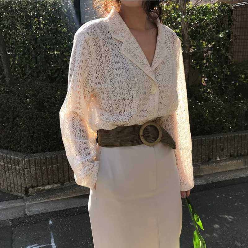 

Women Blouse Spring Sexy Lace Hollow Out Blouses Ladies Loose V Collar Long Sleeve Korean Tops Fashion Blusa Mujer 210602, Black
