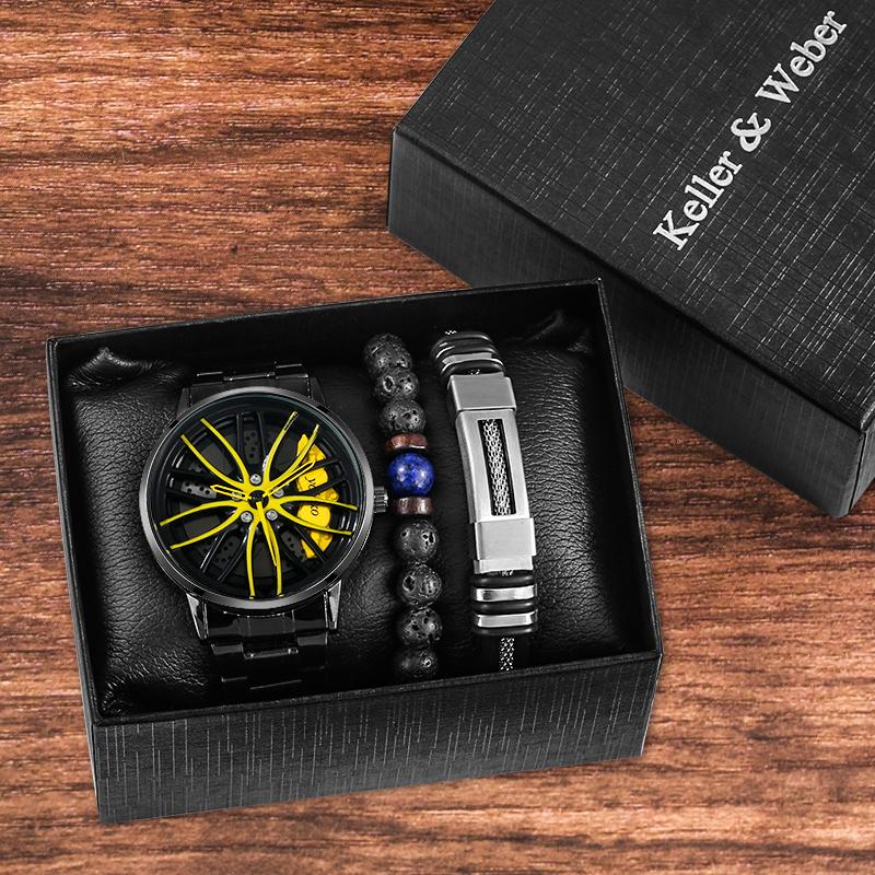 Montres-bracelets Hommes Mode Voiture Montre-bracelet À 360 degrés Roue rotative Roue Montres Sport Inox Sport Quartz Montre Bracelet Ensemble ca