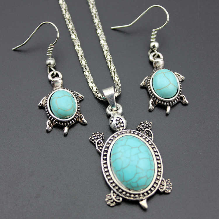 

women's tortoise Tibetan silver turquoise Bracelet Earrings Necklace set DMTQS031 fashion gift national style women DIY jewelry sets, As show