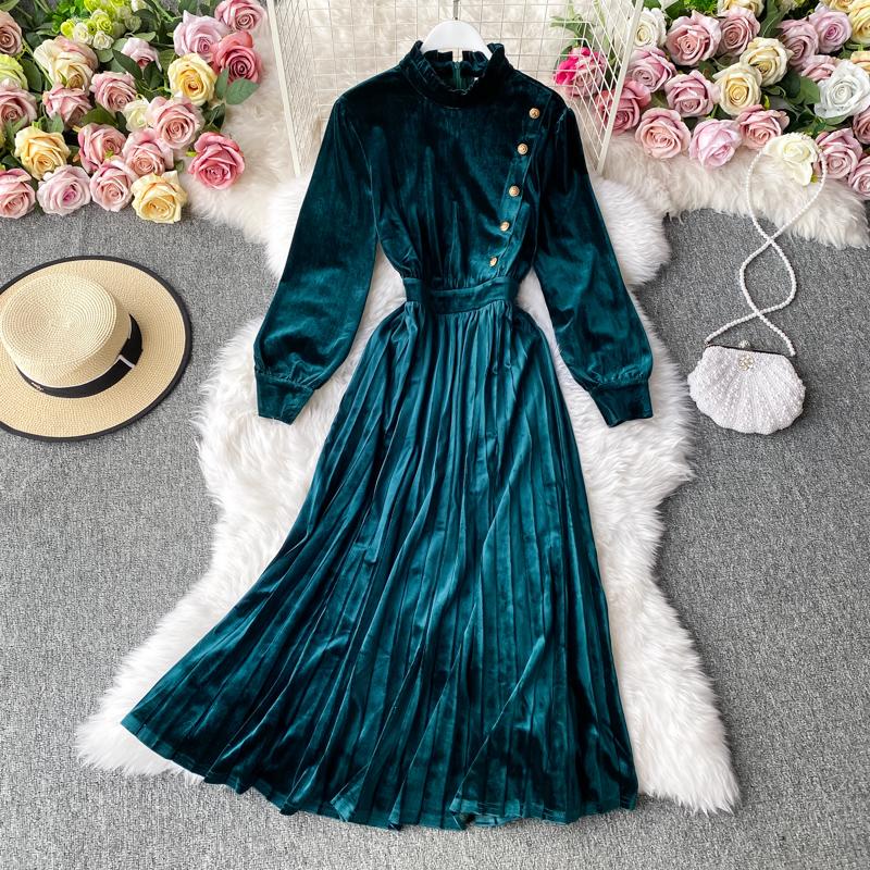 

Casual Dresses Long Sleeve Pleuche Dress Autumn And Winter French Retro Stand Collar High Waist Slimming Large Hem A- Line Pleated, Green