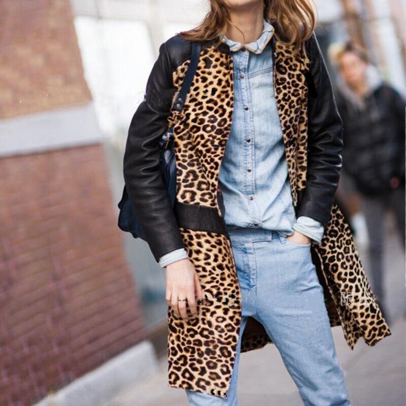 

Women's Trench Coats Women Loose Leopard Print Coat Stitching Leather Fashion Casual Long Sleeve Jacket With Pocket, Tan;black