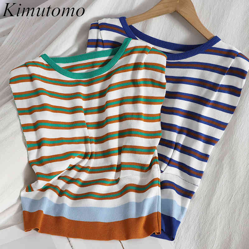 

Kimutomo Striped Sleeveless Tank Top Summer Korean Color Matching Knitted Clothes Women O-neck Debardeur Femme Thin 210521, Blue