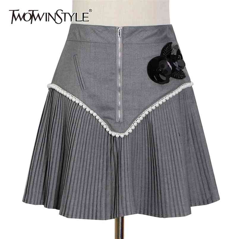 

Appliques Patchwork Pleated Skirt For Women High Waist A Line Mini Skirts Female Fashion Clothing Summer 210521, Black
