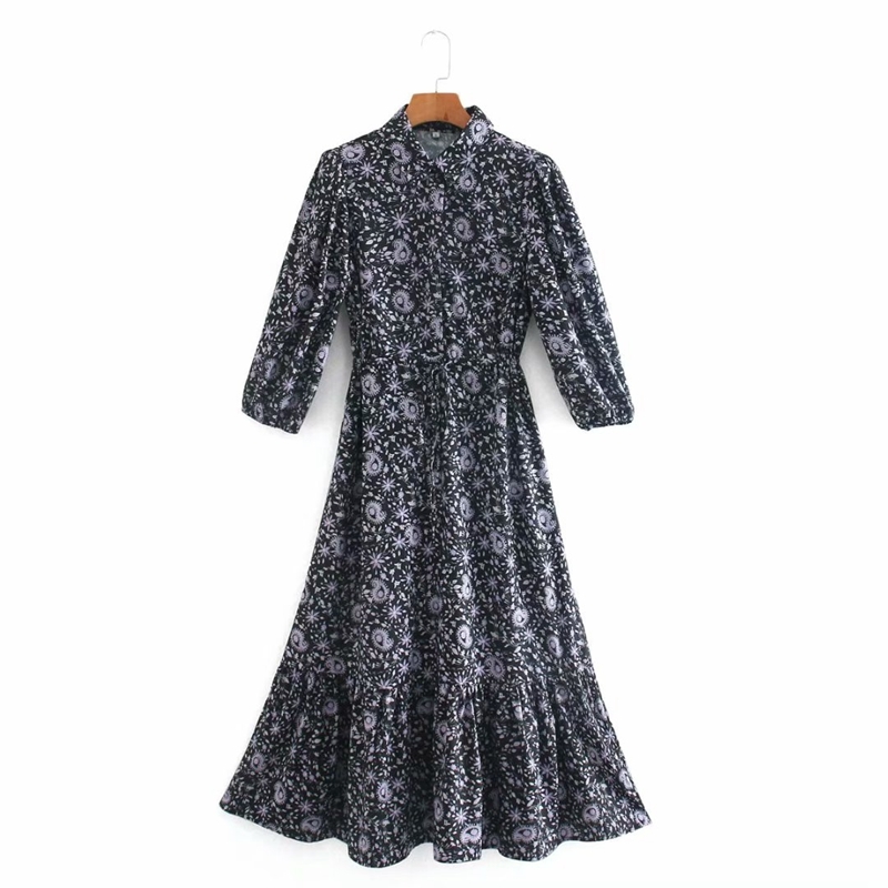 

Elegant Vintage Print Dress Women Turn Down Collar Long Sleeve Ruffles Party Vacation Floral Midi es NX9755 210525, Black