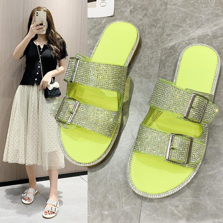 

Slippers Flat-bottom For Women To Wear 2021 Summer Fashion Korean Edition Water Diamond Belt Buckle