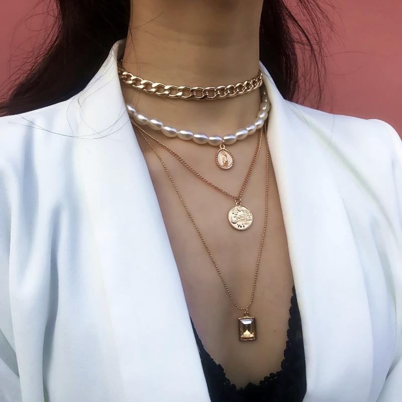 

Hair Clips & Barrettes Vintage Pearl Crystal Necklace Coin Embossed Pendant Female Fashion Jewelry, Golden;silver