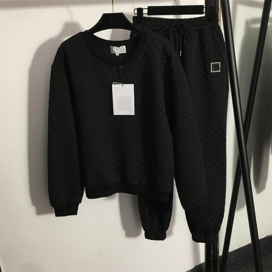 

New Women's Two Piece Pants Sports Suit Logo Round CollarSleeve Jacquard Plaid Hoodie Elastic Waist Foot Casual White And Black