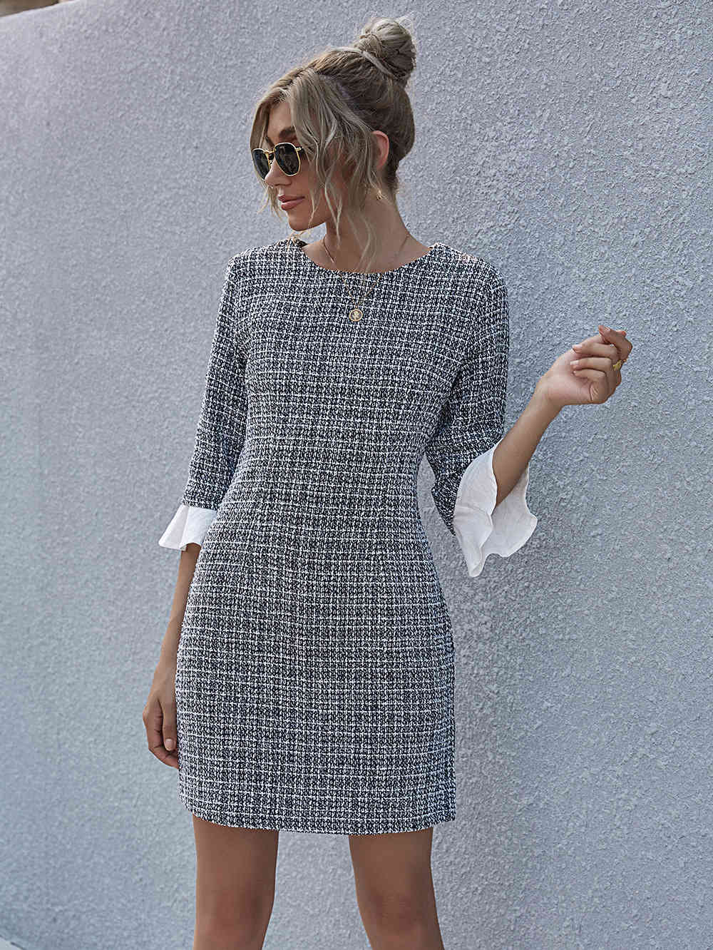 

Summer Spring Plaid Dress Women Casual Patchwork Butterfly Sleeve Office Lady Work Dress High Waist O Neck Mini Dresses 210521