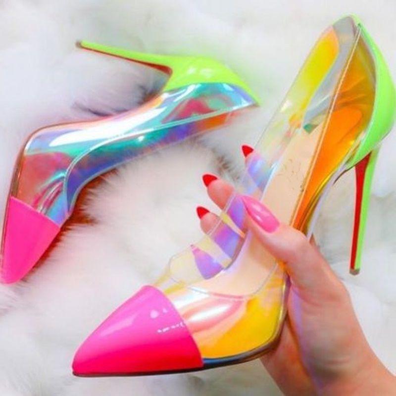 

Dress Shoes Patchwork High Heels Clear PVC Stiletto Pointed Toe Shallow Slip On Women Pumps Manufacturer Footwear, Multi