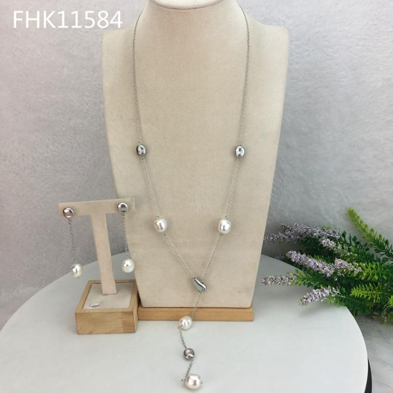 

Earrings & Necklace YUMINGLAI Dubai Two Tones African Pearl Imitation Long And Earrrings Jewelry Set For Women FHK11584, As pic