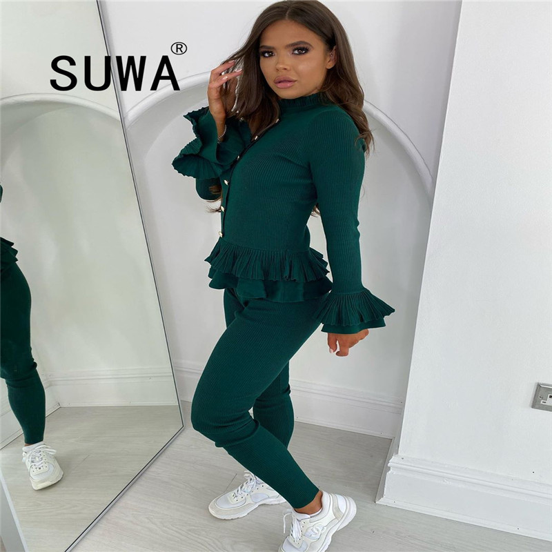 

Women Fitness 2 Pieces Set Solid Color Tracksuit Long Sleeve Turtleneck Ruffle Crop Top + Elastic Push Up Leggings Fall Outfits 210525, Khaki