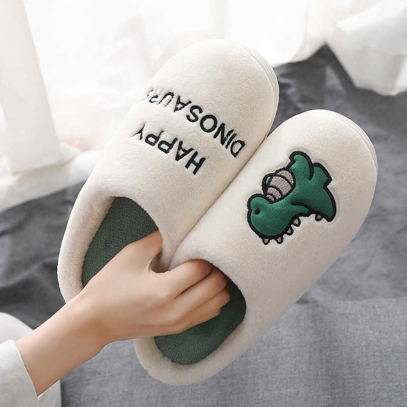 

Cartoon Dinosaur Animal Cute Home Women Furry Slippers Short Plush Warm Soft Cotton Men Slippers Loves Floor Indoor Shoes Slides H0827, Black