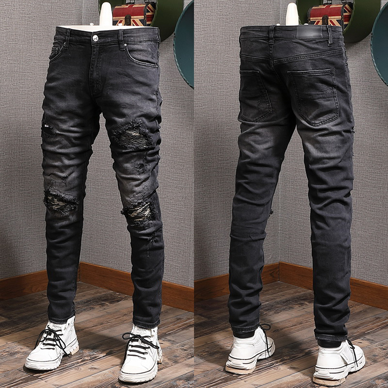 

Black Stretch Jeans Men Rip Knee Damage Detail Street Denim Pants, 8295
