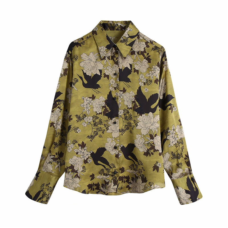 

Women's Blouses & Shirts Women Casual Autumn Spring Za Yellow Long Blouse Female Fashion Flower Print Sleeve Single Breasted Shirt