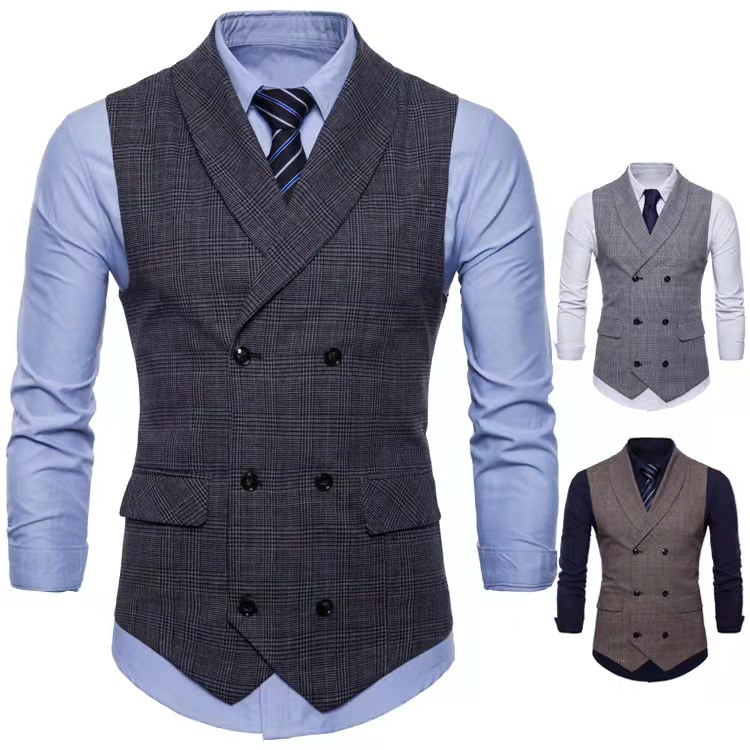 

New Plaid Suit Vest Men Slim Fit Double Breasted Vest Waistcoat Mens Business Wedding Tuxedo Gilet Homme, Gray