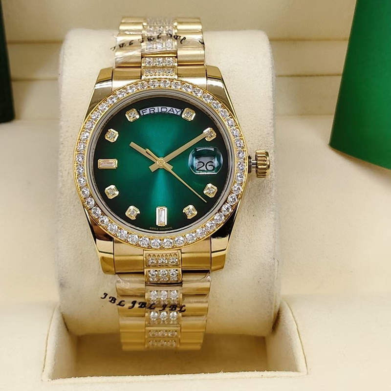 

Men and women automatic mechanical watch 36mm Week Date Diamond Ring Stainless steel middle row with diamond folding buckle sapphire face waterproof, Camel