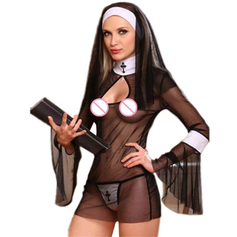

Bras Sets 2021 Sexy Costume Women Cosplay Nuns Uniform Transparent Lingerie Exotic Nun Halloween Costumes Dress Outfit Clothing, Red;black