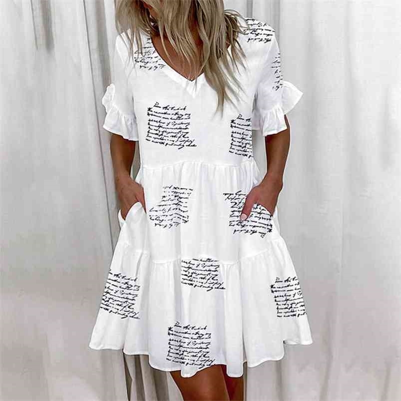 

Casual Ruffles Loose V-Neck Dres Summer Short Sleeve Floral Print Woman Plus Size Fashion White Beach es 210701, Khaki