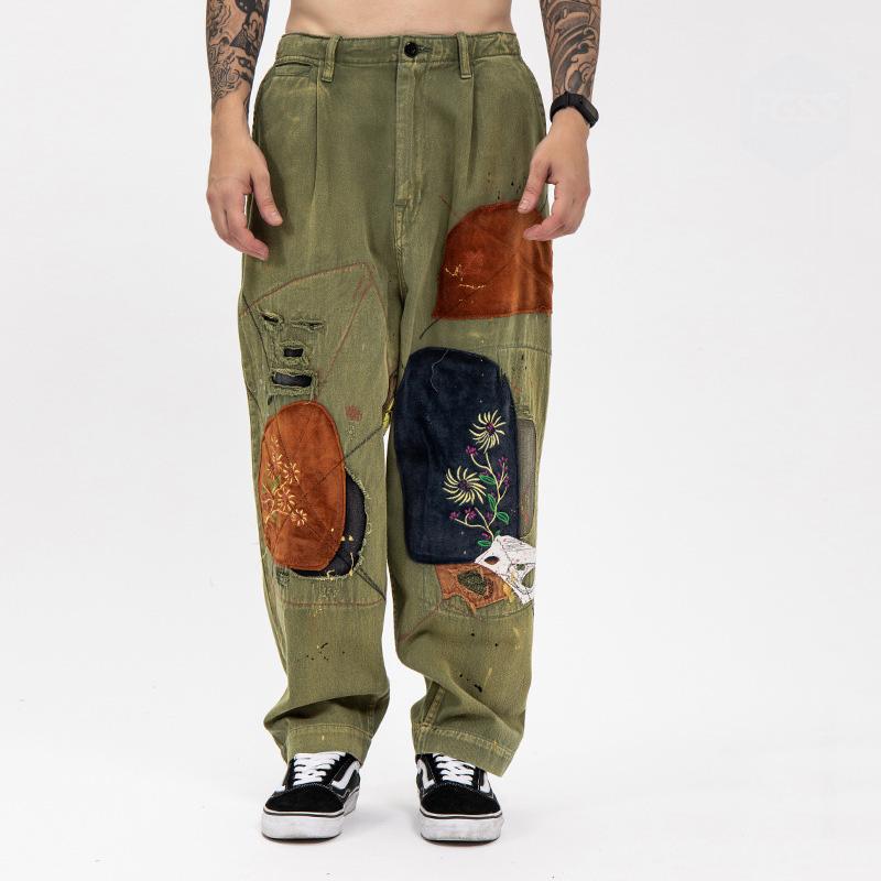 

Men' Pants High Quality Oversized Embroidery Patches Cargo Men Faded Denim Slacks Casual Wide Leg Trousers, Green