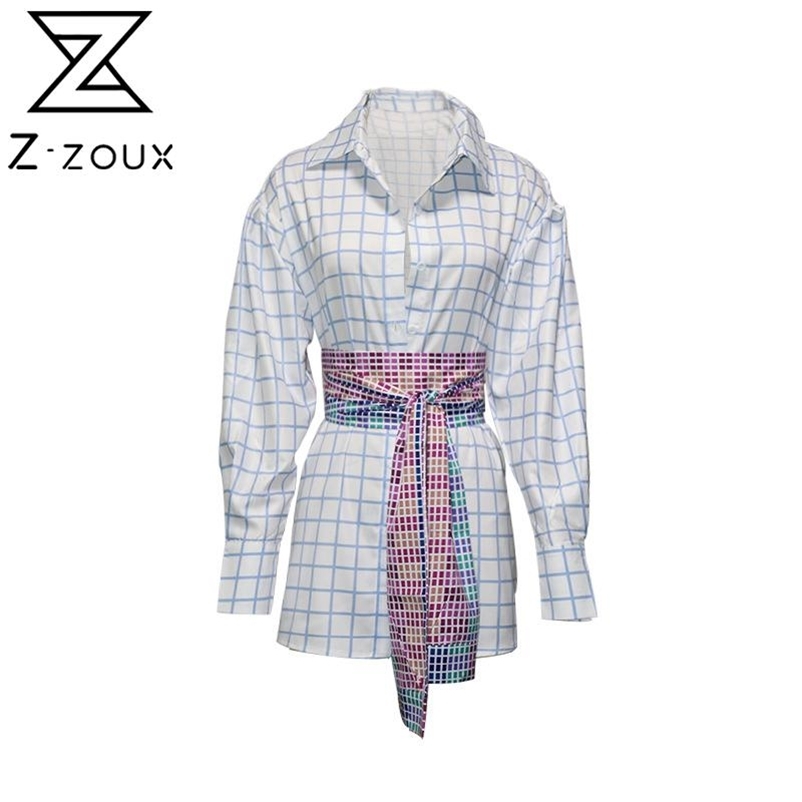 

Women Blouse Plaid Shirts Long Sleeve Loose Tops With Wide Waistband Fahion Vintage 210524, White