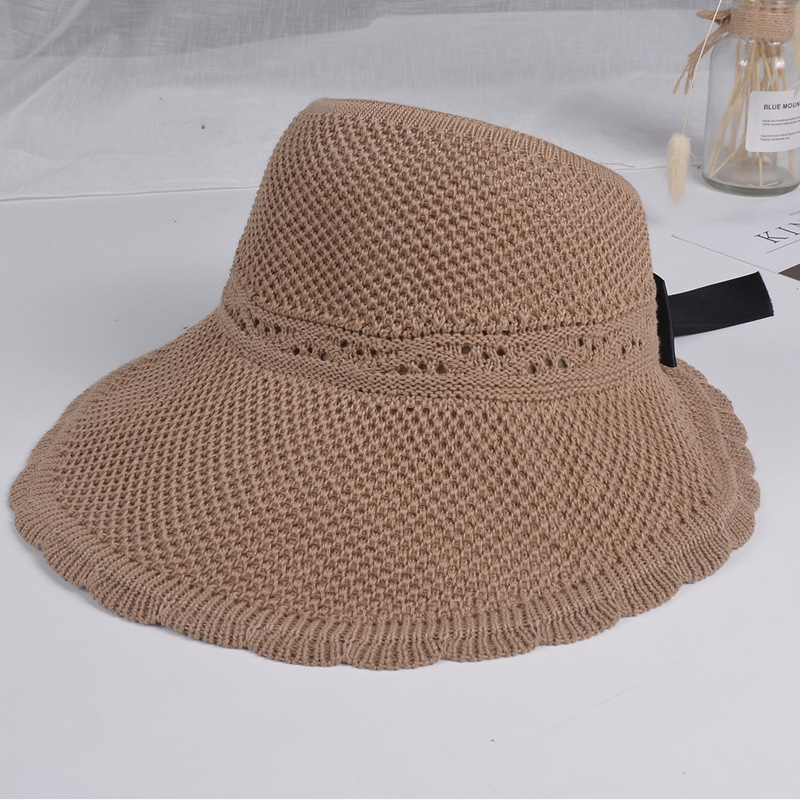 

Summer Womens Foldable Knitted Topless Hat Bowknot Sun Hat with Wide Brim Outdoor, Yellow