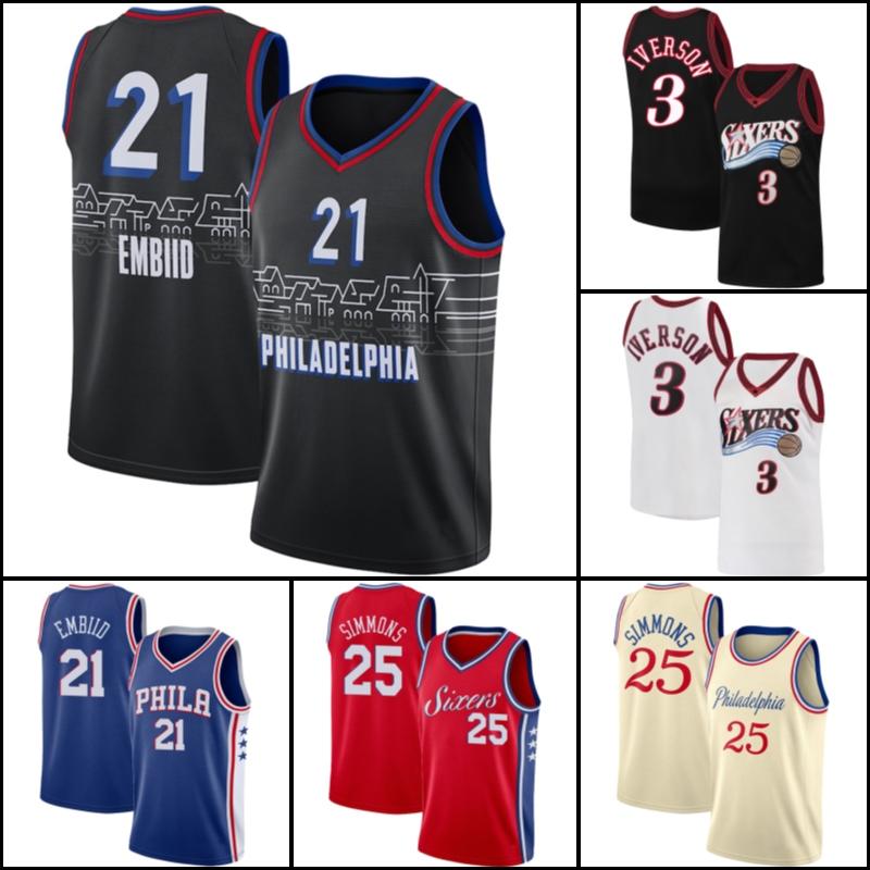 

Allen 3 Iverson Basketball Jersey Philadelphia 76ers Jerseys Ben 25 Simmons Jersey Joel 21 Embiid Jerseys Basketball Uniform vb41, Black;red
