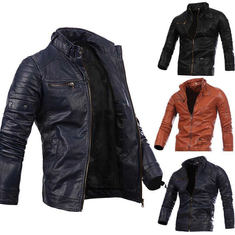 

New Autumn Winter PU Leather Jackets For Mens Stand Collar Motorcycle Jacket Zipper Casual Male Slim Learher Coats Men Clothes X0909, Navy blue