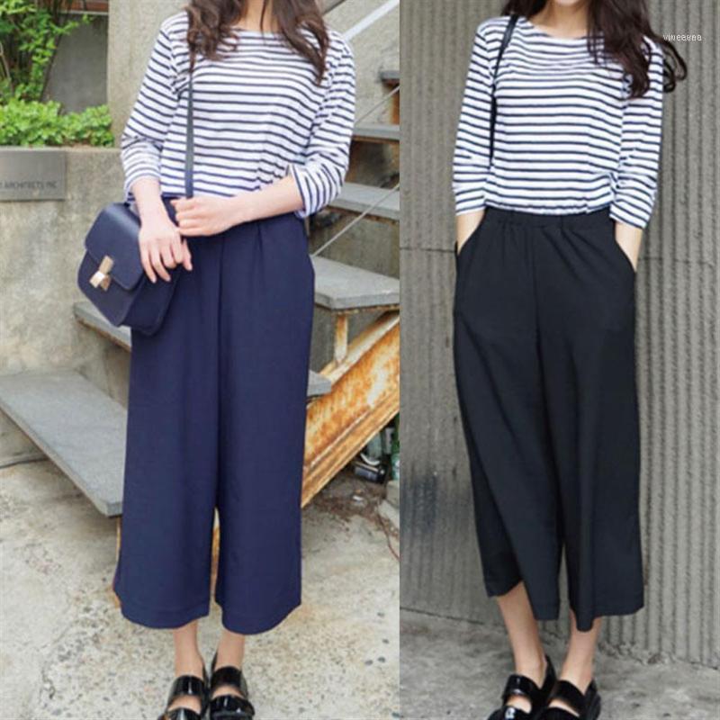 

Fashion Spring Summer Women Wide Leg Pants With Pocket Chiffon Solid Color High Waist Ladies Girls Loose Casual Trouser1, Black;white