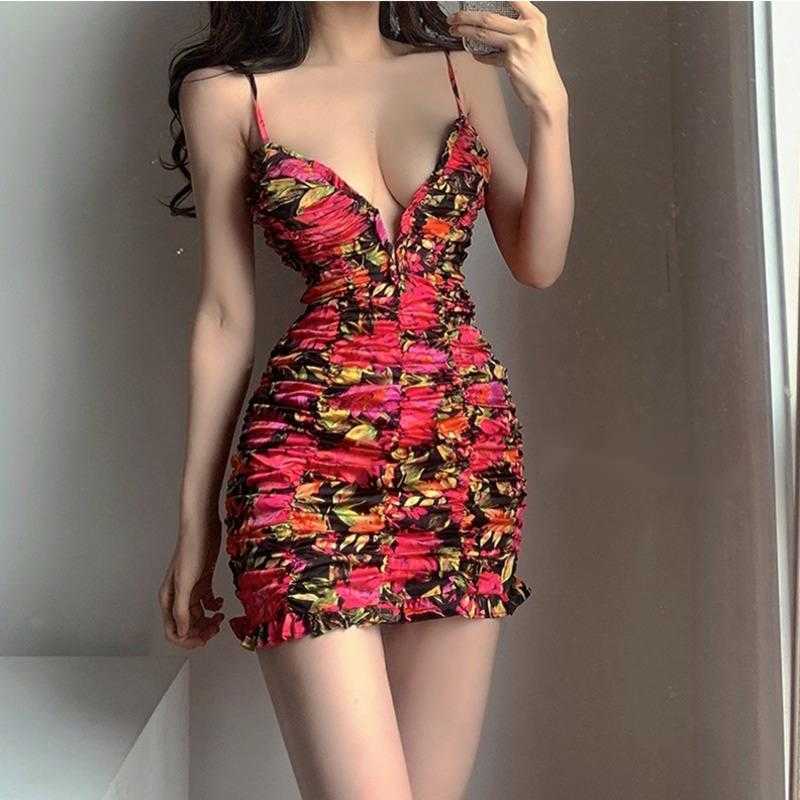 

WOMENGAGA Sexy V-neck Pleated Flower Slim Hip Strap Tank Mini Bodycon Dress Red Dresses Korean Women Summer Tops JA79 210603, Color