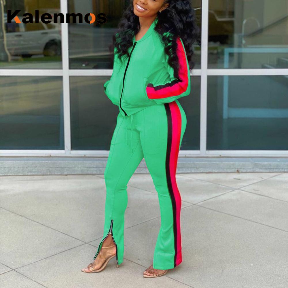 

Plus Size Trasuit for Women 2 Pieces Sets Green Patchwork Jaets Tops and Flare Pants Sets Elegant Female Causal Matching Set