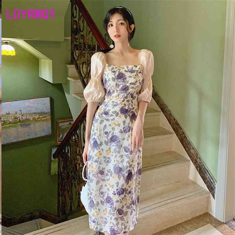

LDYRWQY summer one-shoulder short-sleeved floral dress sexy split hip women's clothing 210603, Purple