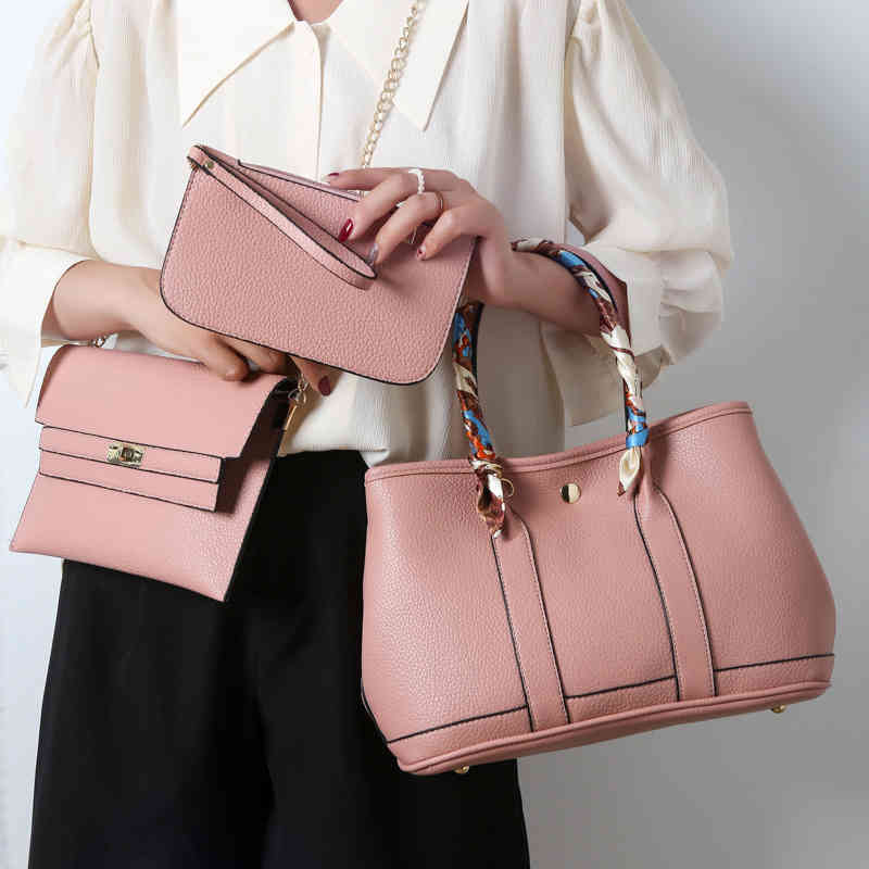 

Three piece women's bag new fashion simple handbag solid color casual bags Purse_Outlet_XJZR, Red