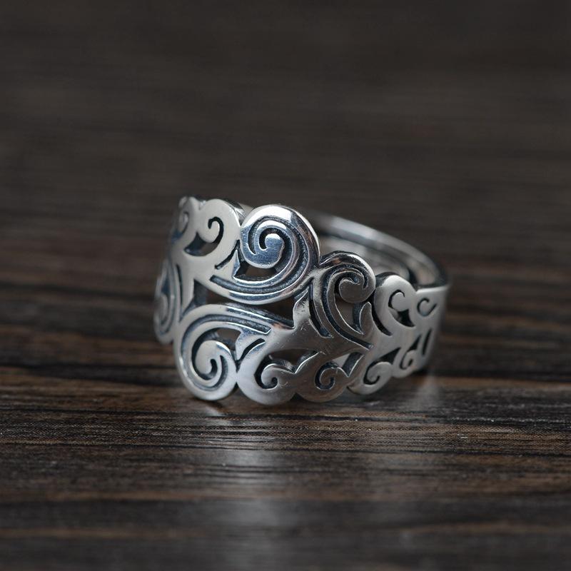 

Cluster Rings S925 Silver Thai Retro Craft Women's Open Ring Hollow Cloud Flower