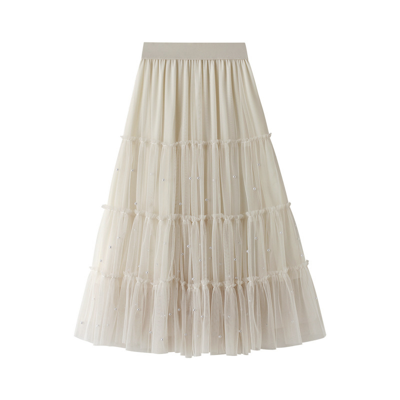 

Women skirts A-line Pleated Long Tulle with pearl Skirt Tutu Femme High Waisted Runway Soft Mesh Skirts Womens Jupe 210524, White