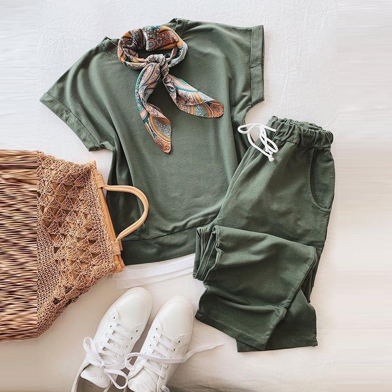 

Women' Two Piece Pants Summer Casual Sports Suits O-neck Short Sleeve T-shirt Tracksuit Drawstring Trouser Suit Solid Set Women, Green