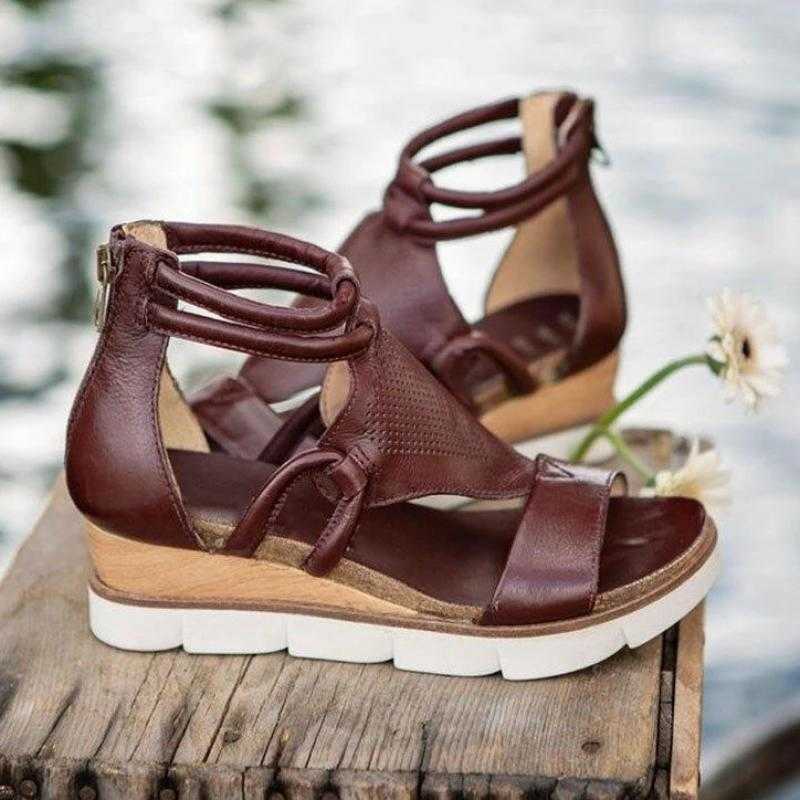 

Women's Sandals 2021 Summer Casual Breathable Open Toe Zipper Solid Color Sandals For Women Vintage Mid Heels Wedge Shoes Y0721, Red