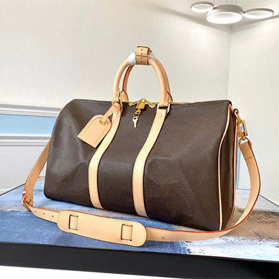 

45 50 55cm luxury handbags large capacity womens travel bags Leather Fashion High Quality Designer men shoulder duffel bag on luggage bottom rivets with lock head, White plaid