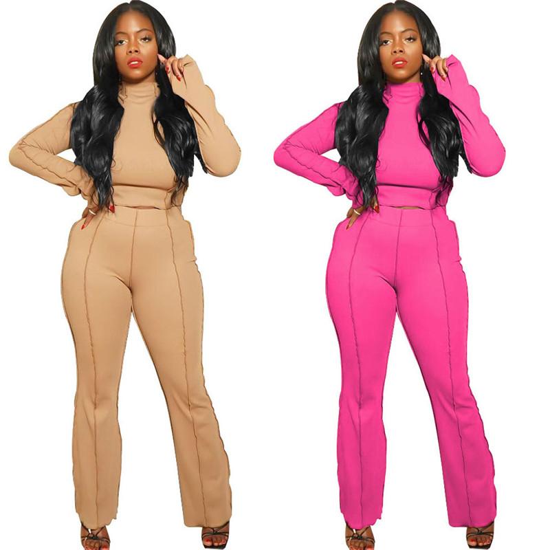 

Women' Two Piece Pants WUHE Spring Women Outfits Solid Patchwork Turtleneck Pullover Tops And Flare Suit 2 Set Sweatsuit Tracksuit, Black