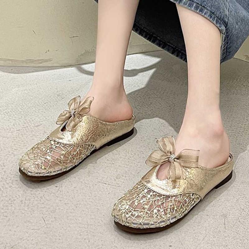 

Slippers Gold Silver Mesh Flats Sandals Women 2021 Fashion Bow Soft Beach Mules Woman Summer Non Slip Outdoor Shoes Lady