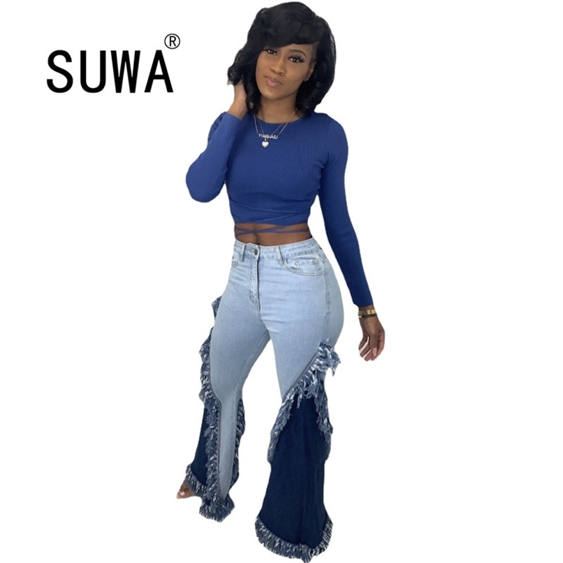 

Women Jeans Pants Recommend Style Contrast Color Denim Patchwork Skinny Flare Leg Trousers Stacked Sweatpants 210525, Blue
