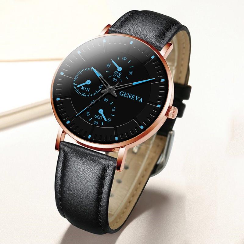 

Wristwatches 2021 Luxury Fashion Three-eye Roman Index Digital Calendar Dial Quartz Leather Belt Men's Wrist Watch Elite Men, Black blue