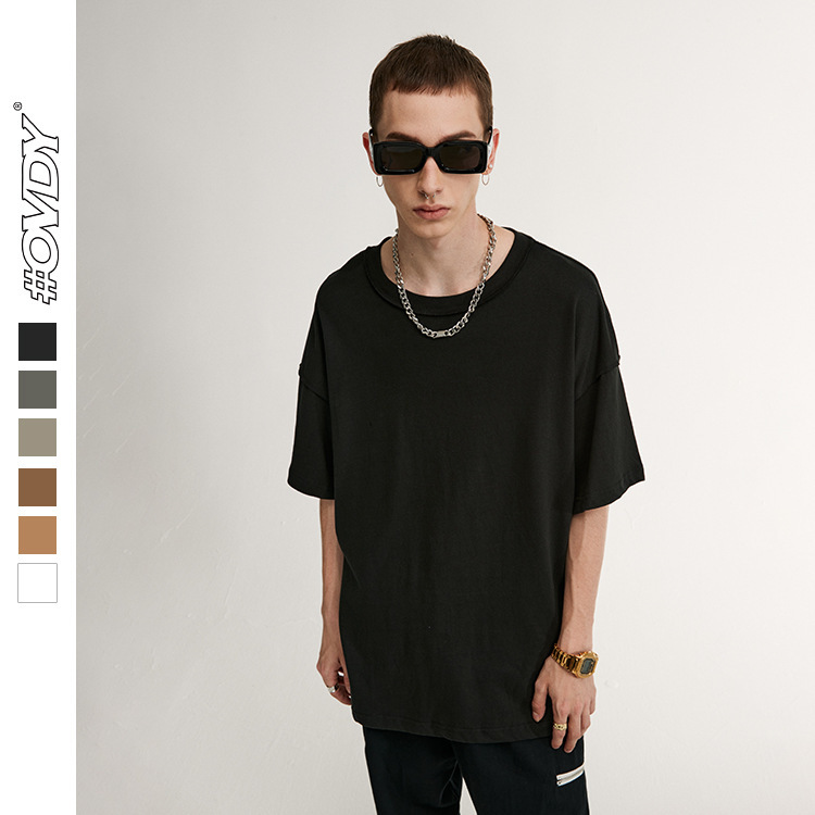 

wxwovdy men's summer new street fashion brand back cut loose solid color personality simple men's short sve t-shirt, White;black