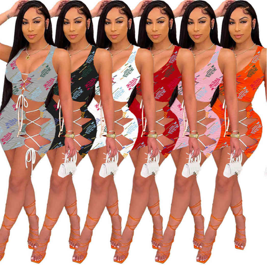 

summer womensTwo piece dress tops + mini skirt sexy bodycon dresses fashion letter print high quality skirts bind top 8331, White