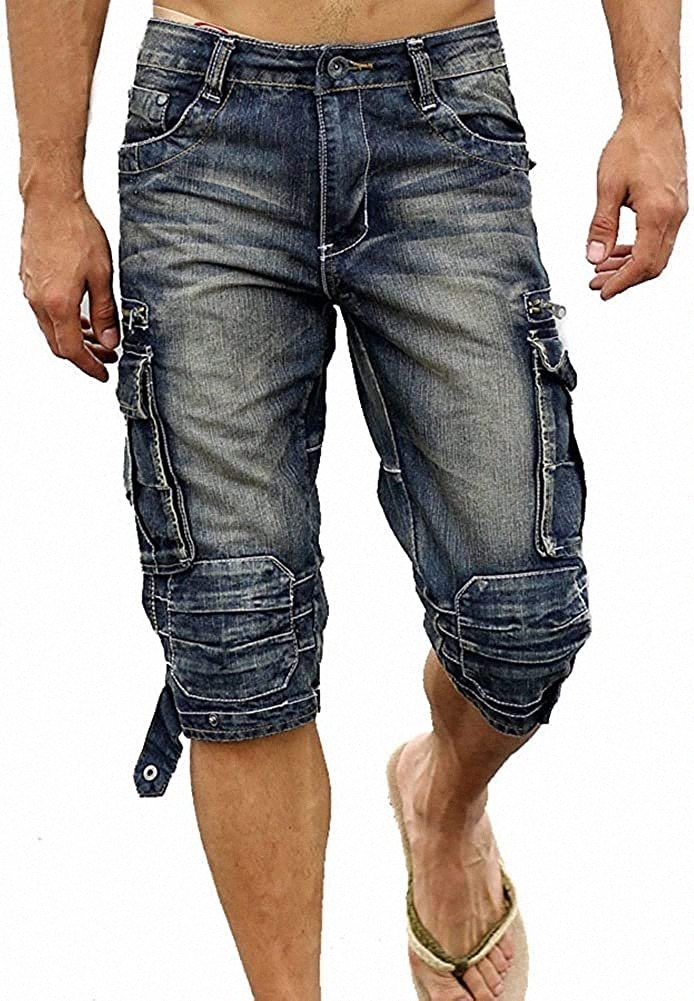 

Men's Work Denim Biker Jeans Shorts With Zip H5Xb#, Blue