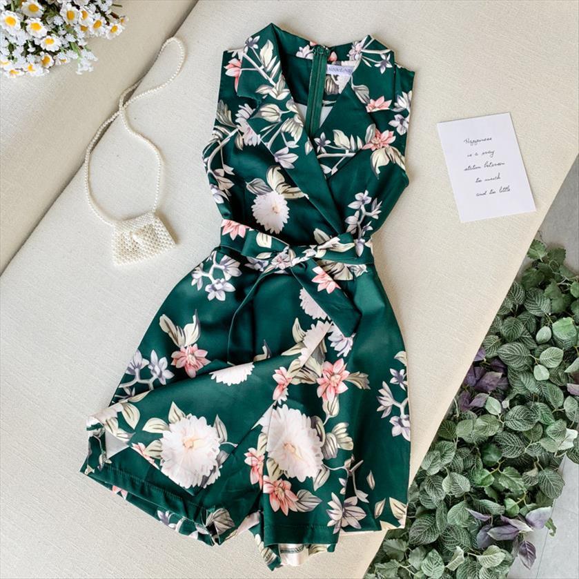 

beach floral print summer womens rompers short sleeveless overalls elegant belt wide leg pants playsuit 1995, Black;white