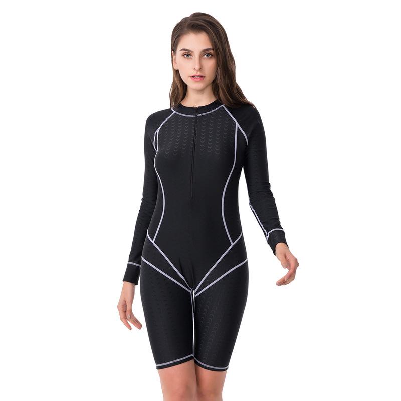 

Women Water Sport Long Sleeve Shorts Large Size SwimWear Push Up Bra Beach One Piece Bathing SwimSuit Front Zipper Surf JumpSuit One-Piece S