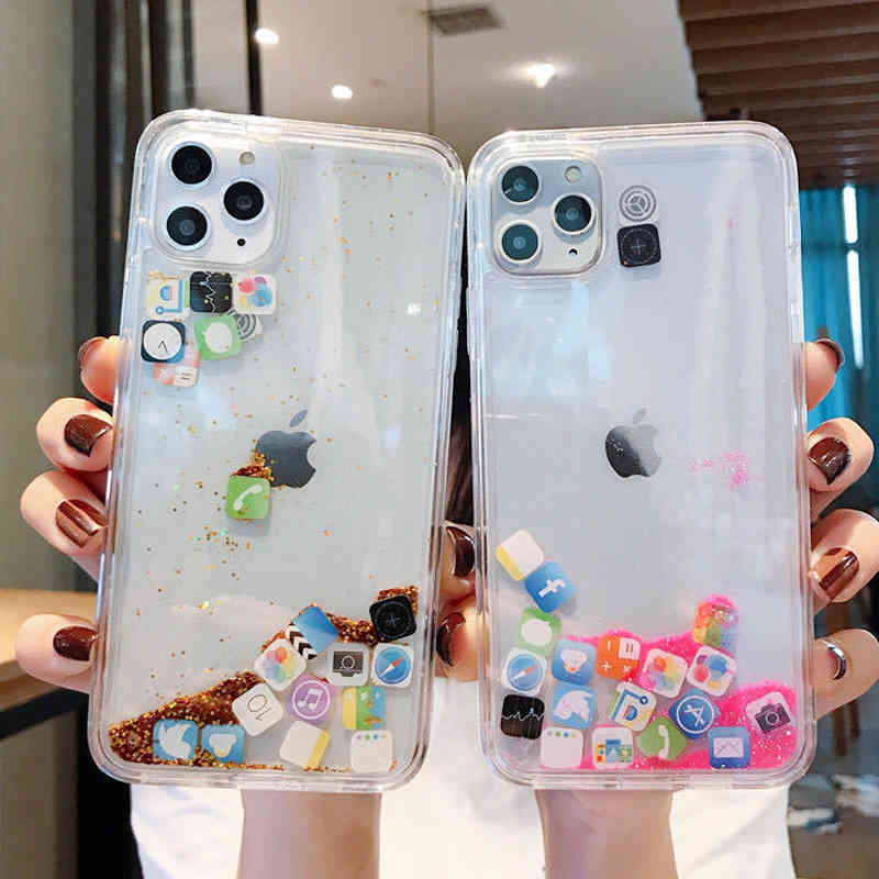 

Dynamic quicksand case iPhone 12 11 Pro Max liquid hard case iPhone 6 iPhone 6 6S 7 plus x XR XS cute app icon case
