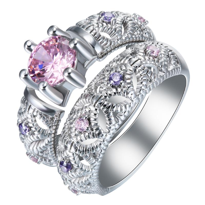 

Wedding Rings Silver Color Sets Jewelry Wholesale Purple Red Pink Cz Finger Mixed Lover Gift Princess Hollow Engagement For Women