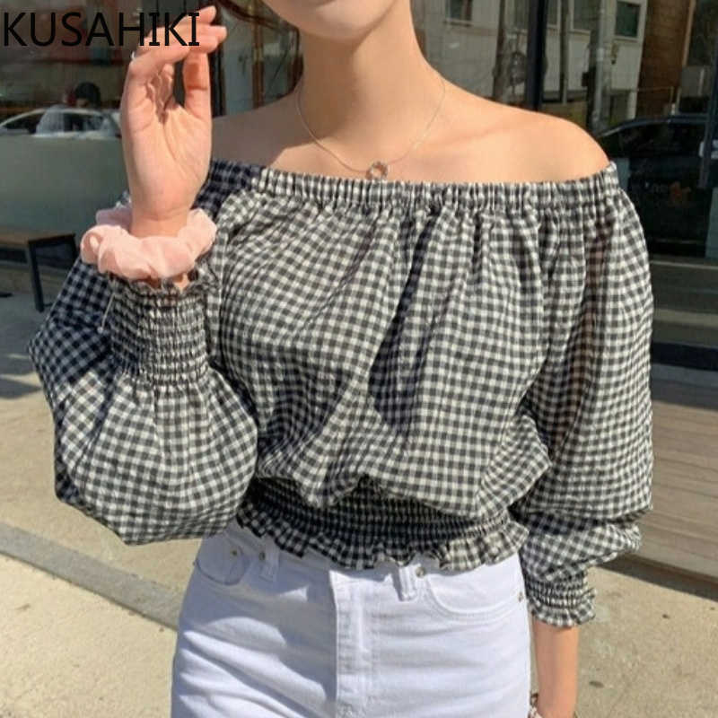

Sexy Slash Neck Strapless Women Blouses Top Korean Plaid Puff Sleeve Blusas Femme Causal Short Shirt 6G660 210603, Photo color
