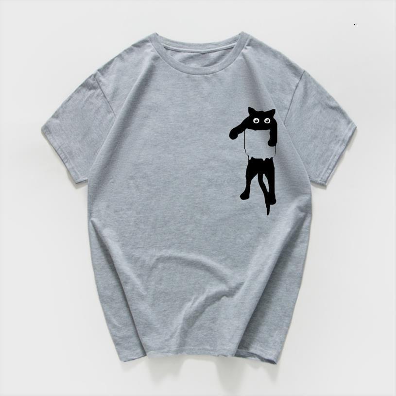 

pocket cat funny summer mens streetwear hip hop tshirts aesthetic 100% cotton ulzzang clothing, White;black